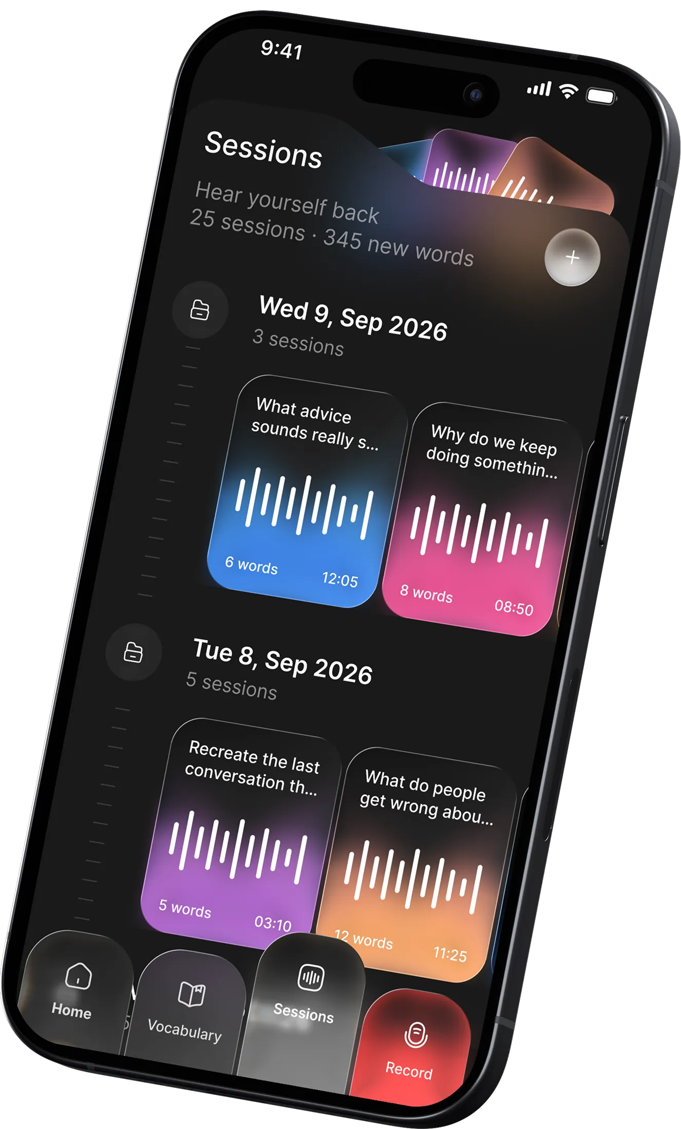 Vocagap on iPhone, listing recorded speaking sessions by day.